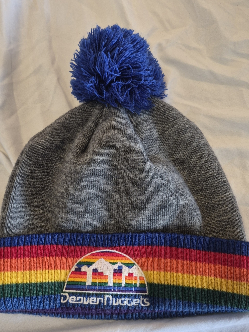Denver NUGGETS NBA Pom Beanie - Gray with Blue Pom and Rainbow Cuff